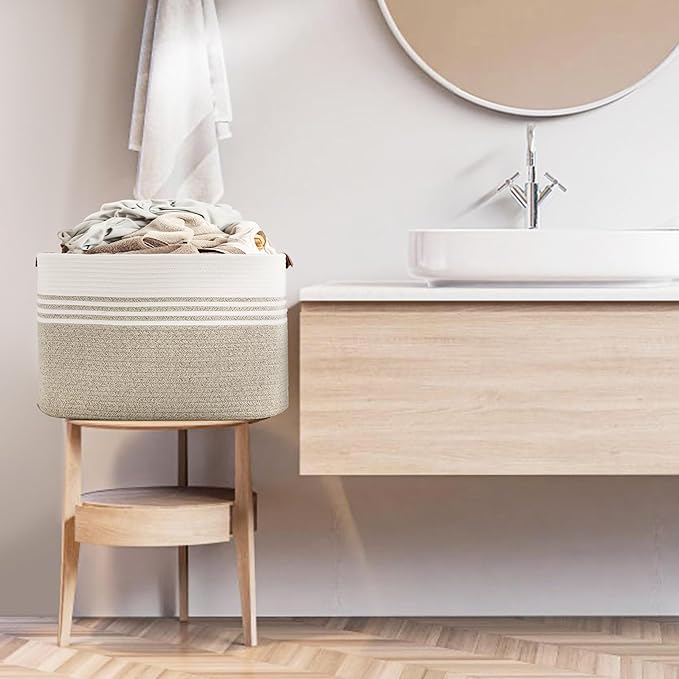 Laundry basket with leather handles for clothes,blankets,pillows,toys,towels,suitable for bedrooms and living rooms,cotton woven laundry hamper,extra large gift basket,24"x16"x14",Beige Brown