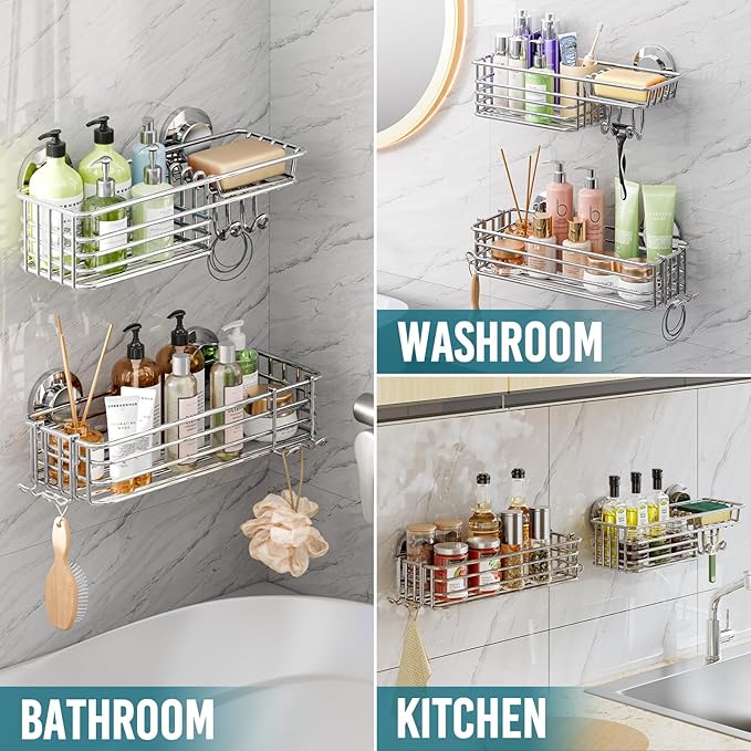 TAILI Shower Caddy Suction Cup 2 Pack with Hooks and Soap Holder, Heavy Duty Shower Organizer for Bathroom, No Drilling Silver bathroom suction shelves