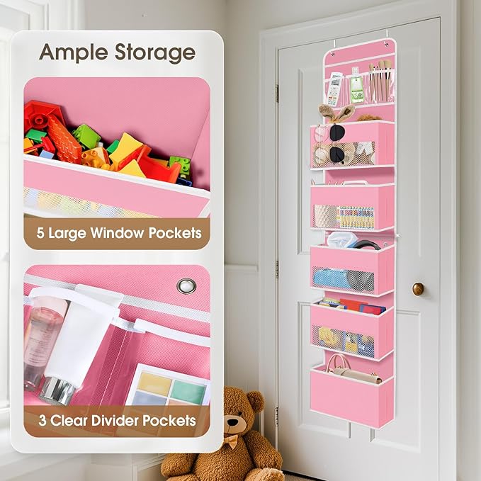 6-Tier Over The Door Organizer Hanging Storage Organizers with Clear Window 40lb Large Capacity Room Organizer for Pantry Bathroom Nursery Closet(Pink)