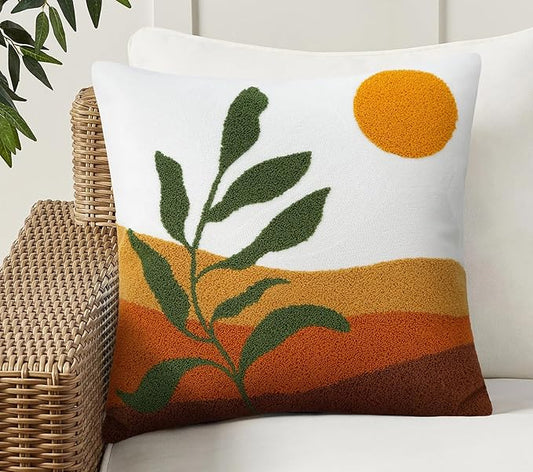 Merrycolor Boho Decorative Throw Pillow Covers Abstract Tufted Mid Century Modern Throw Pillows Green Leaf Sun Aesthetic Textured Pillow Cover Decorative Throw Pillows for Bed Couch Sofa,18x18