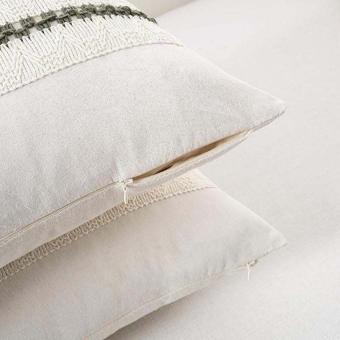 Fancy Homi Set of 2 Boho Olive Green Big Decorative Throw Pillow Cover 24x24 Inch for Couch Bed Bedroom, Aesthetic Modern Organic Farmhouse Room Decor, Soft Cotton Accent Macrame Woven Cushion Case