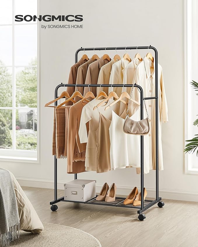 SONGMICS Double Rods Clothes Rack with Wheels, Clothing Rack for Hanging Clothes, Heavy Duty Garment Rack with Mesh Storage Shelf, 2 Brakes, Each Top Rail Holds up to 77 lb, Black UHSR26BKV1