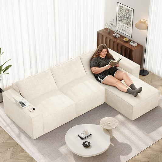 Vesgantti 114" Boneless Modular Sectional Sofa, Modern 3 Seater Couch with Ottoman & Deep Seat, Convertible Chenille L Shaped Cloud Couches for Living Room, No Assembly Required, Beige