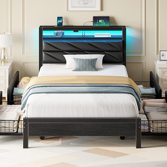 Seventable Twin Bed Frame with 4 Storage Drawers, Charging Station & LED Lights, Upholstered Headboard with 2-Tier Shelves, Metal Platform Bed, No Box Spring Needed, Noise-Free, Black
