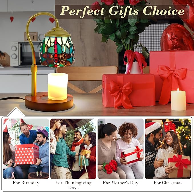 Candle Warmer Lamp with Timer Dimmer, Adjustable Height Candle Warmer for Jar Candles, Birthday Gifts for Women New Home Bedroom Decor Tiffany Dragonfly Style Stained Glass with 2 Bulbs