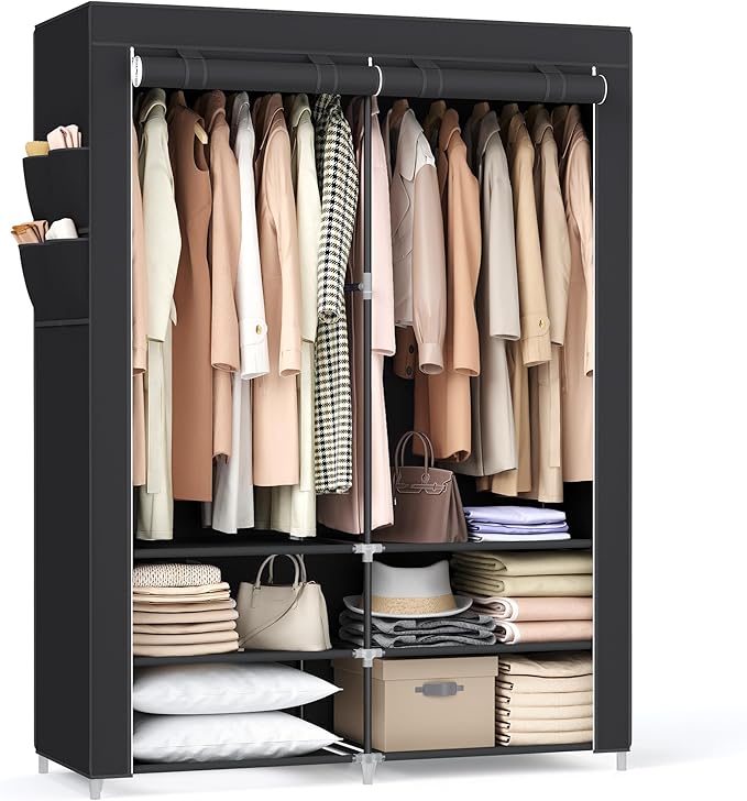 SONGMICS Portable Closet Wardrobe with Shoe Rack and Cover, Closet Storage Organizer, 2 Hanging Rods, Shelves, and 4 Side Pockets, 50 x 17.7 x 69.3 Inches, Spacious for Bedroom, Black URYG008B02
