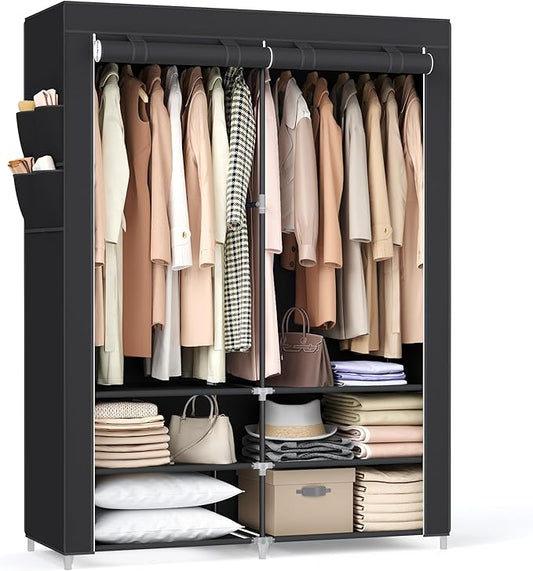 SONGMICS Portable Closet Wardrobe with Shoe Rack and Cover, Closet Storage Organizer, 2 Hanging Rods, Shelves, and 4 Side Pockets, 50 x 17.7 x 69.3 Inches, Spacious for Bedroom, Black URYG008B02