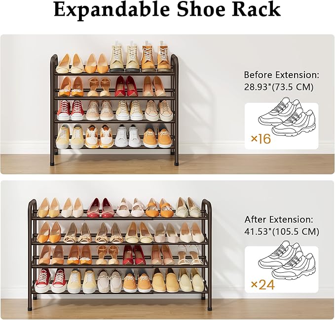4 Tier Shoe Rack for Closet,Shoe Organizer, 28“ Metal Shelf Can Expandable to 42“, for Bedroom, Entryway, Living Room, Garage, Adjustable to 24 Pairs Shoes, Rustic Brown