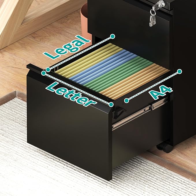 AQY 2 Drawer Mobile File Cabinet with Lock, Rolling Metal Filing Cabinet for Home Office, Vertical File Cabinet on Wheels, Small Mobile File Storage Cabinets for Legal/Letter/A4 Files(Black)