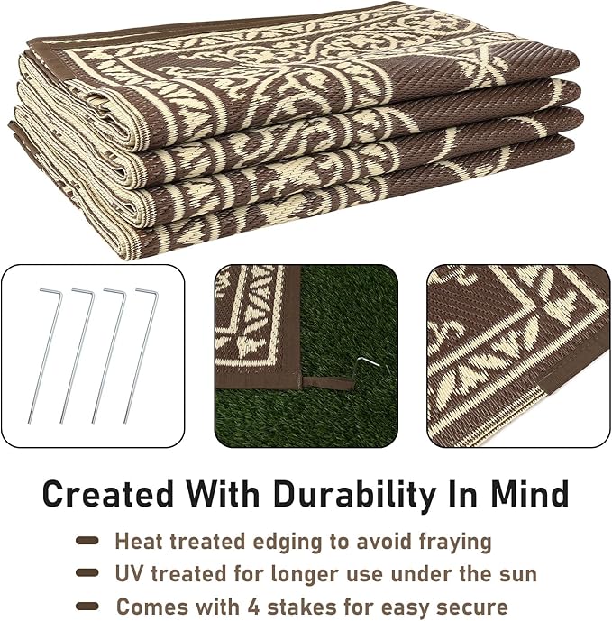 HiiARug 8x10 Outdoor Rug Outdoor Patio Rug, Reversible Waterproof Plastic Straw Rug Large Outdoor Rugs (8x10Ft, Brown)