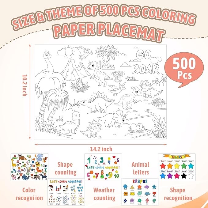 500 Pcs Disposable Coloring Placemats 5 Themed Coloring Activity Sheets Paper Mat Bulk 14.2"x10.2" Dining Table Paper Placemats Disposable Table Mat for Kids DIY (Weather,Shape,Color,Letter)