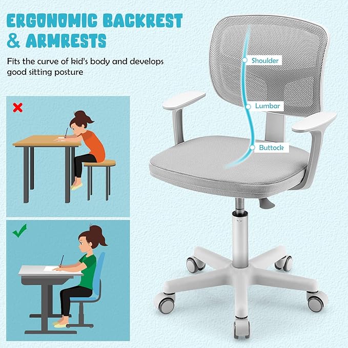 HONEY JOY Kids Desk Chair, Height Adjustable Children Study Chair, Swivel Mesh Task Student Chair, Universal Casters, Child Computer Desk Chair for Boys Girls Age 3-10 (Gray)