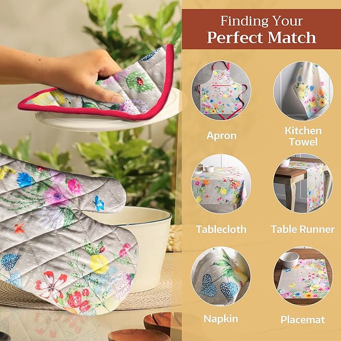 Maison d' Hermine 100% Cotton Oven Mitt & Pot Holder Set (7.5"x13" & 8"x8") Heat Resistant BBQ Cooking Gloves with Loop, Baking, Grilling, Kitchen, Handling Hot Pans Spring/Summer (Jardin D'Ete - Fog)