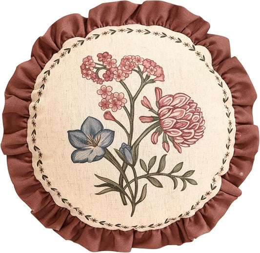 Design Linen Vintage Throw Pillow Covers Diameter 16", Round Cushion Covers with Blue Pink Flowers Green Leaves Pattern Decoration Pillowcases for Bed,Living Room,Outdoor,Car
