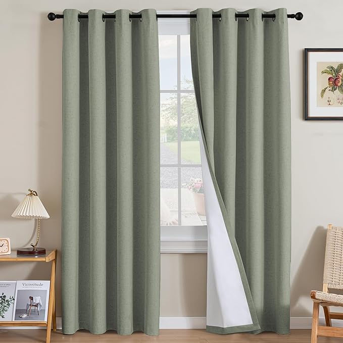 H.VERSAILTEX Linen Curtains 100% Blackout Curtains for Bedroom 108 inch Long Full Light Blocking Nature Linen Blended Window Curtains for Living Room Nickel Grommet (2 Panels, Heathered Dried Sage)