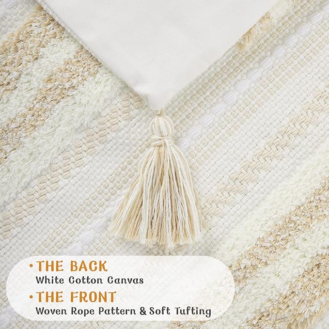 decorUhome Decorative Boho Throw Pillow Cover 12x20, Lumbar Accent Neutral Textured Tufted Pillow Cover Striped for Couch Bed Sofa, Khaki and Cream White, Pack of 1