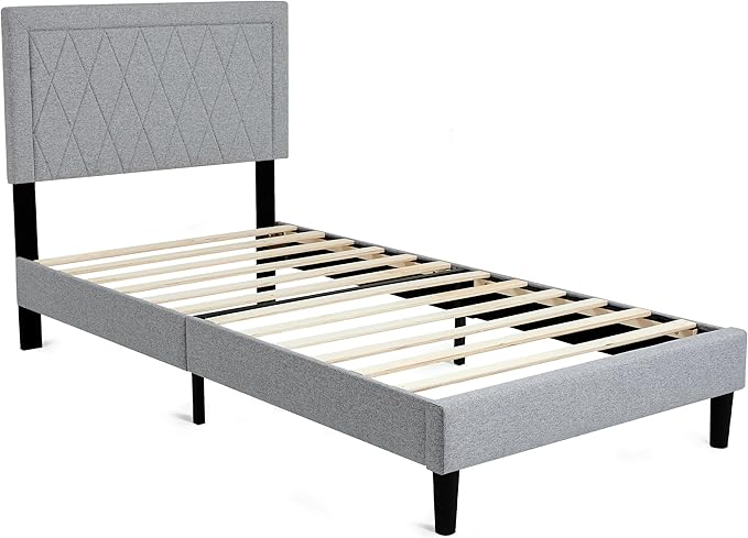 Hokway Bed Frame Upholstered Platform Bed with Headboard Wooden Slat Support No Box Spring Needed(Twin, Light Gray)