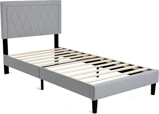 Hokway Bed Frame Upholstered Platform Bed with Headboard Wooden Slat Support No Box Spring Needed(Twin, Light Gray)