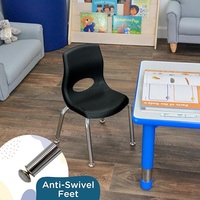 Children’s Factory MyPosture Plus 8" Chair, Black with Chrome Legs, 2 Pack, Stackable Ergonomic Seating Solution for Classrooms and Homeschools