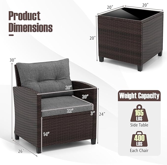 RELAX4LIFE 3-Piece Patio Furniture Set - Wicker Bistro Conversation Set w/2 Cushioned Armchairs & Glass Topped Table, Outdoor Rattan Sofa for Porch Balcony Poolside (Grey)