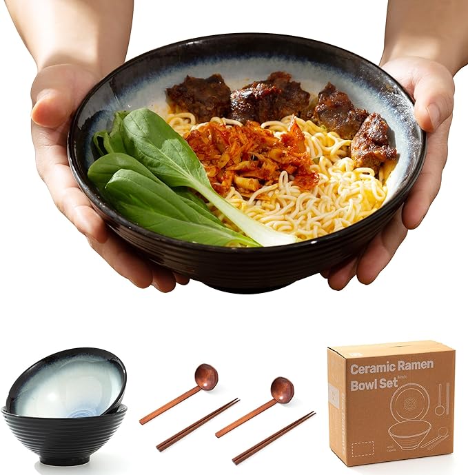 8 Inch Ceramic Ramen Bowl Set of 2, 40oz Japanese Bowls with Spoons & Chopsticks,Durable,Microwave & Dishwasher Safe,Perfect for Ramen,Pho,Salad,Soup,Noodles，Mixing bowls（Midnight）