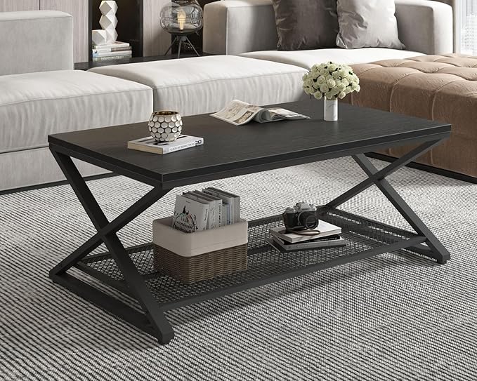 LVB Black Coffee Table, Metal Wood 2 Tier Center Tables with Storage Shelf, Modern Rectangular Cocktail Tea Table for Living Room, Wooden Middle Concrete Table for Office Bedroom, 39 inch, Black Oak