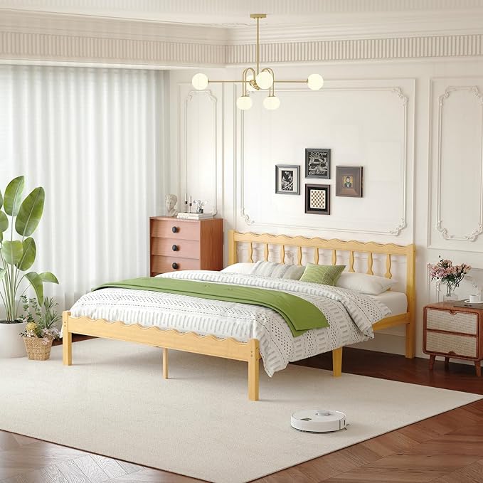 Bamboo King Bed Frame with Headboard, 14 inch Solid Wood Platform Bed Frames King Size with Metal Slats, No Box Spring Needed, Easy Assembly, Noise Free