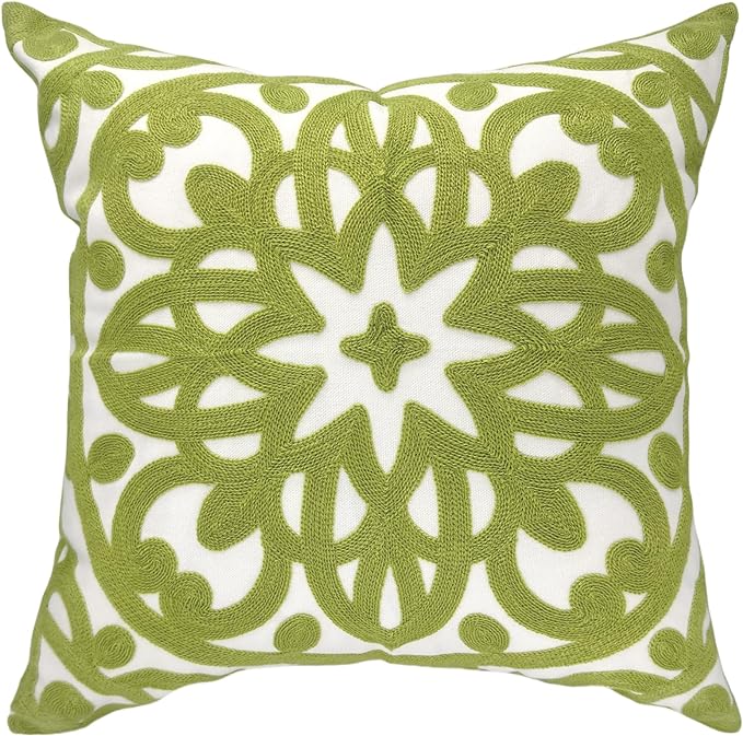 Alysheer Embroidered Summer Decorative Throw Pillow Covers 18"x18", Classic Boho Mandala Green Pattern Cotton Canvas Chic Accent Cushion Cases for Sofa Couch Bed Living Room Decor (Chartreuse Green)