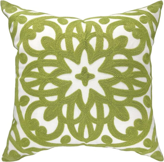 Alysheer Embroidered Summer Decorative Throw Pillow Covers 18"x18", Classic Boho Mandala Green Pattern Cotton Canvas Chic Accent Cushion Cases for Sofa Couch Bed Living Room Decor (Chartreuse Green)