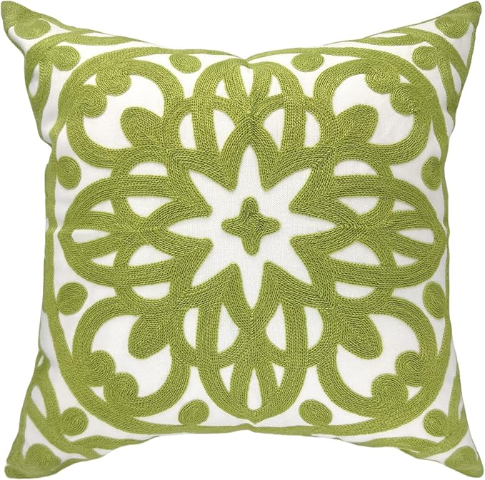 Alysheer Embroidered Decorative Throw Pillow Cover 20"x 20", Boho Mandala Modern Thick Embroidery Pattern, Cotton Canvas Avacado Green Cushion Case for Sofa Couch Bed Living Room (Chartreuse Green)