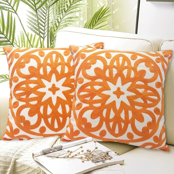Alysheer Embroidered Decorative Throw Pillow Covers 18"x18" Set of 2 Pieces, Classic Boho Mandala Knit Pattern, 100% Cotton Canvas Cozy Vibrant Cushion Cases for Sofa Couch Living Room (Bright Orange)