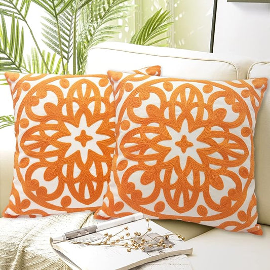 Alysheer Embroidered Decorative Throw Pillow Covers 18"x18" Set of 2 Pieces, Classic Boho Mandala Knit Pattern, 100% Cotton Canvas Cozy Vibrant Cushion Cases for Sofa Couch Living Room (Bright Orange)