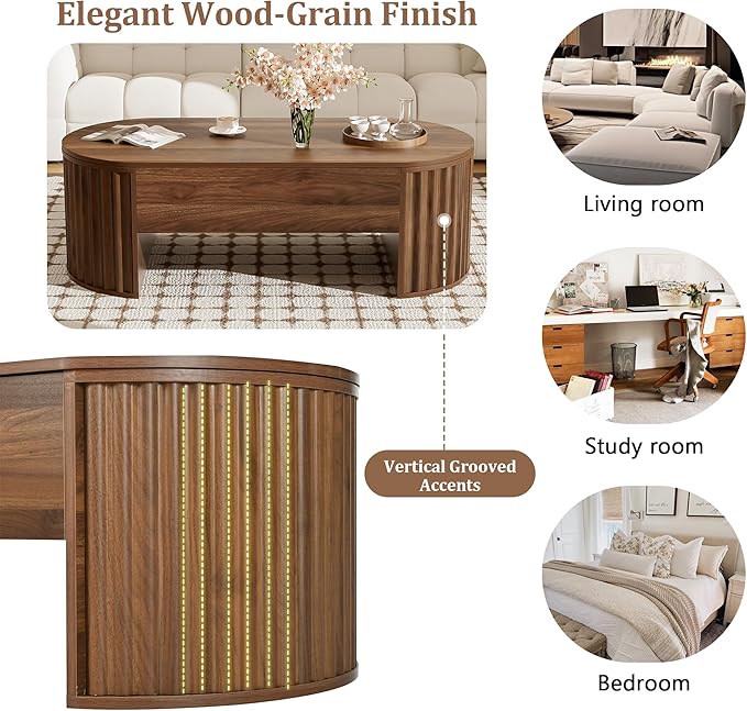 WILLIAMSPACE 47.2'' Lift Top Coffee Table with Hidden Compartment Storage, Modern Wooden Oval Center Table Accent Lift Tabletop Tea Table for Living Room, Walnut