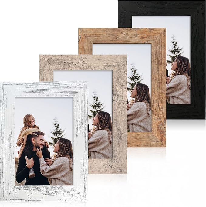 4x6 Picture Frame Set of 4, High Definition Real Glass 4 x 6 Photo Frames for Tabletop Display and Wall Mounting (Distressed White+Smoke Gray+Rustic Brown+Black)
