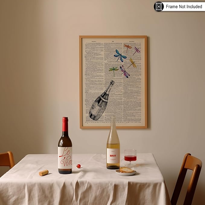 Poster Master Dictionary Art Poster - Champagne Bottle Print - Dragonfly Art - Alcohol Art - Gift for Men, Women & Bartender - Great Decor for Bar, Kitchen or Restaurant, 24x32 Unframed Wall Art