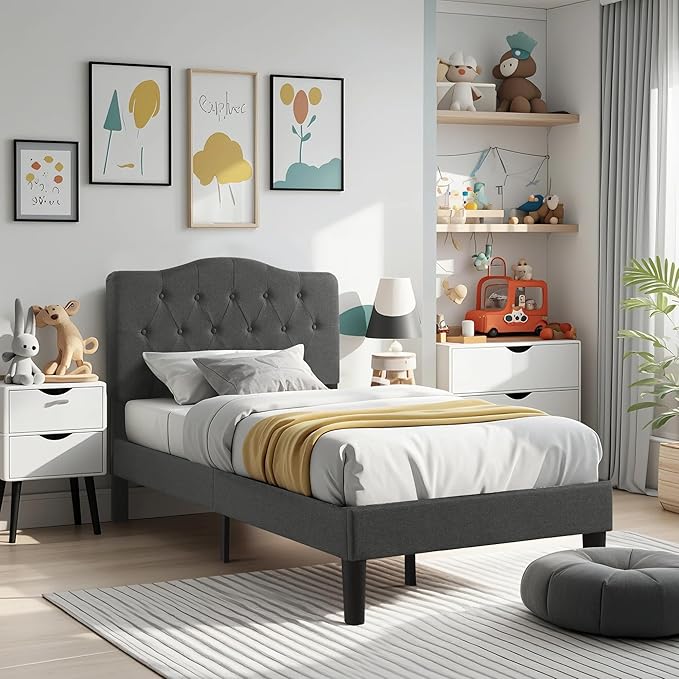 VECELO Twin Size Bed Frame Upholstered Platform with Tufted Adjustable Headboard/Mattress Foundation with Wood Slat Support, Easy Assembly,Grey
