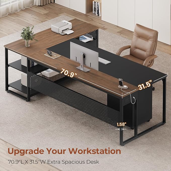 71" Executive Desk, Reversible L Shaped Desk with Mobile File Cabinet & Power Outlets, Large Office Desk with Drawers, Storage Shelves, Hooks, Corner Computer Desk for Home Office (Walnut)