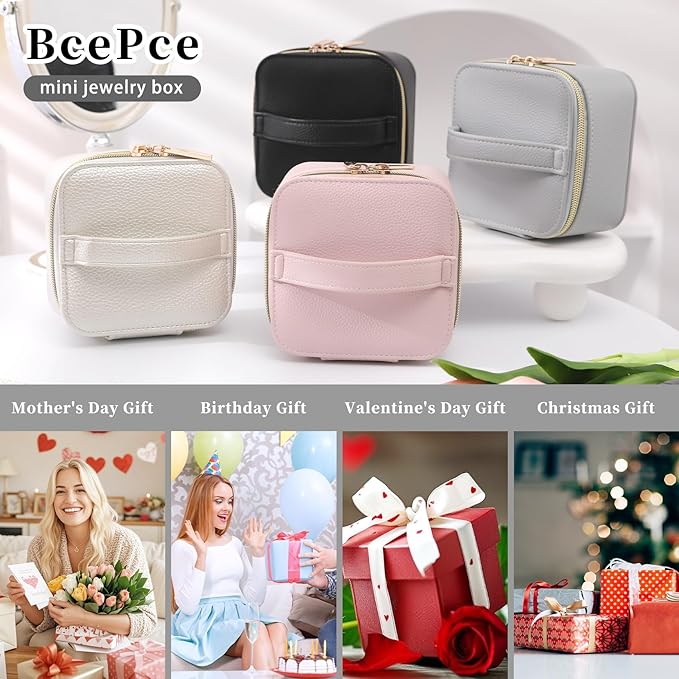 PU Leather Travel Jewelry Organizer Case with 4 Pouches & Handle, Anti-Tangle Storage Box for Necklace, Earrings, Rings, Compact Jewelry Box for Women Gift (Grey)