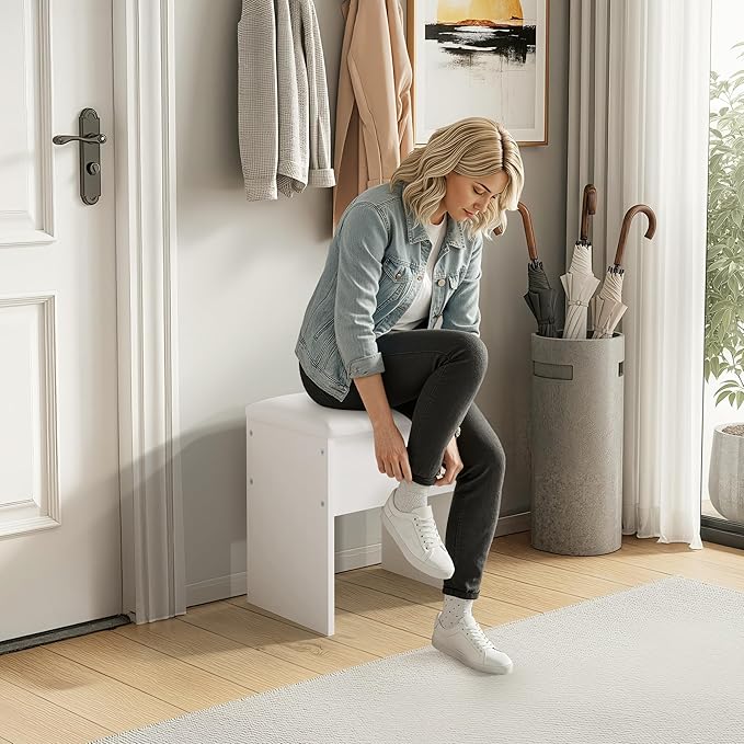 Small Makeup Vanity Stool,15.7" W x 10.2" D x 16.7" H，White（Easy Assembly,PU Cushion Mat, Footstool）