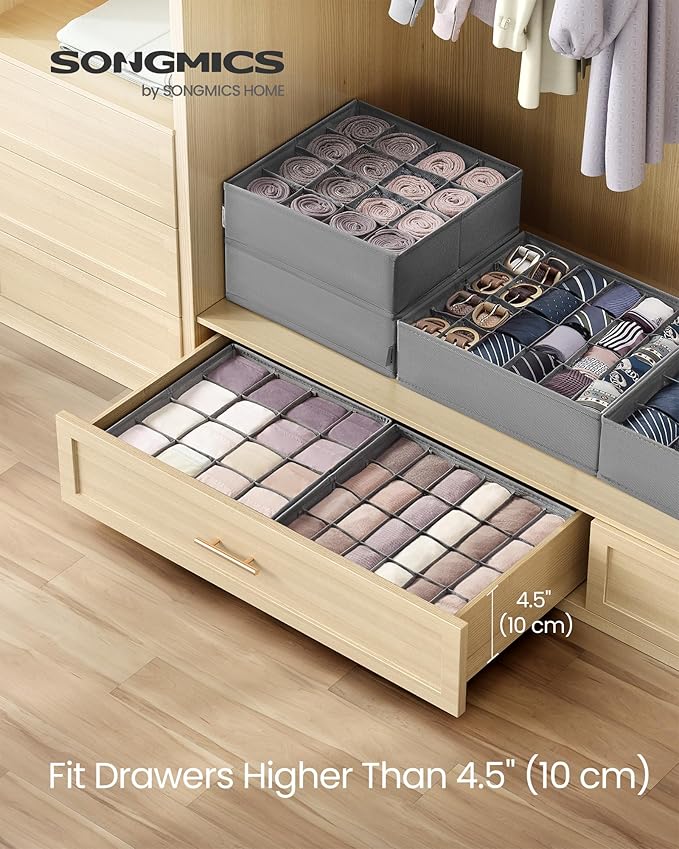 SONGMICS Set of 6 Underwear Organizers, Drawer Organizers, Dresser Closet Storage, 120 Cells (3x16+3x24), Foldable Dividers, 11.8 x 11.8 x 3.9 Inches, for Socks, Ties, Belts, Dove Gray URUS011G02