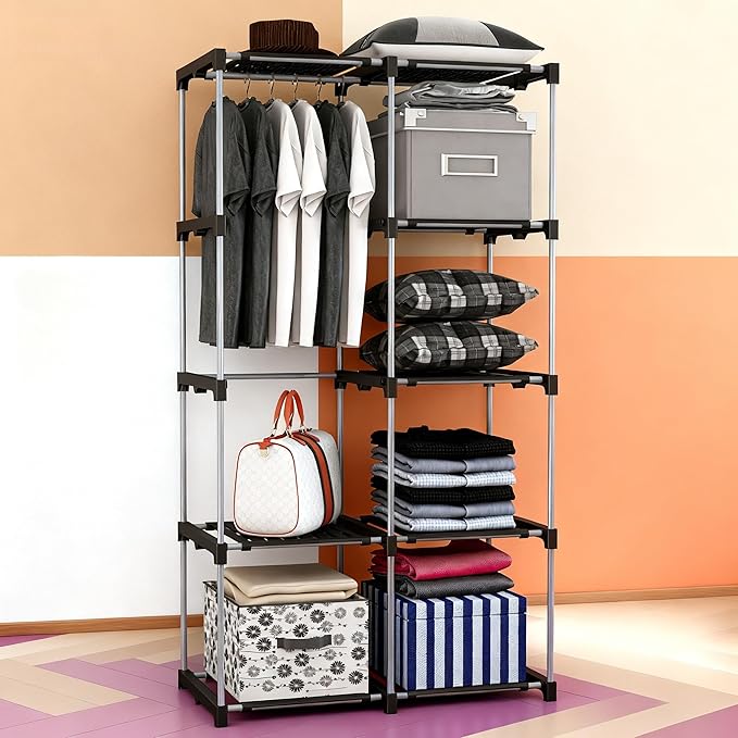 Portable Wardrobe, Clothes Organizer, Easy Hanger Wardrobe, Multiple Dividers and 3 Drawers, 6 Side Pockets Large Capacity (Durable Black)
