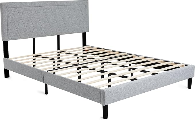 Hokway Bed Frame Upholstered Platform Bed with Headboard Wooden Slat Support No Box Spring Needed(King, Light Gray)