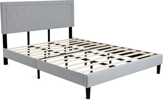 Hokway Bed Frame Upholstered Platform Bed with Headboard Wooden Slat Support No Box Spring Needed(King, Light Gray)