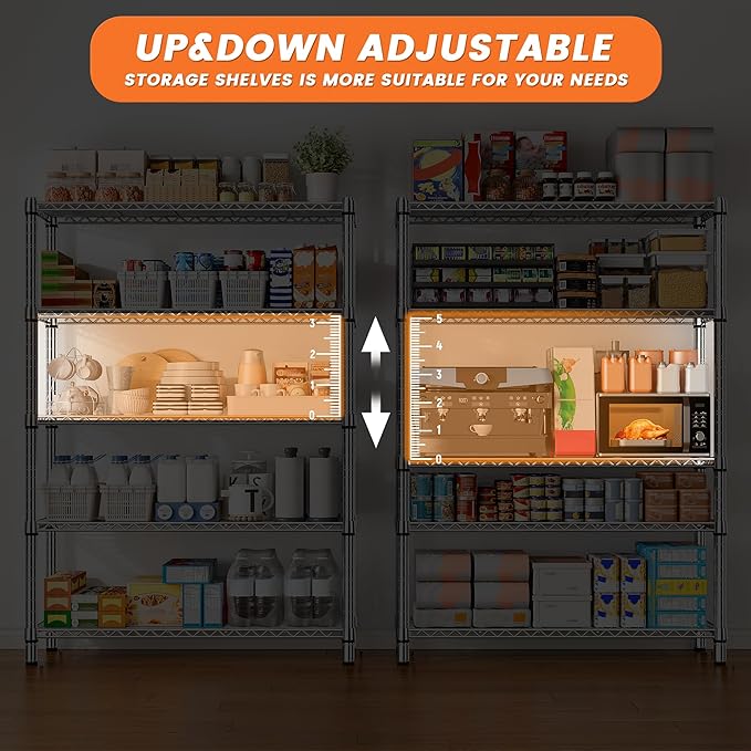 REIBII 5-Tier Wire Shelving - Heavy Duty Metal Shelves for Loads up to 1200LBS, Adjustable Garage & Pantry Storage, 71H X 35.5W X 14D, Chrome