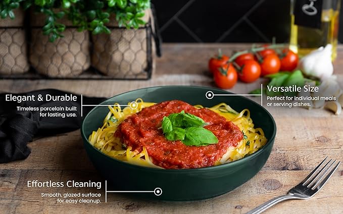 KooK Pasta Bowl, Salad Bowls, Soup, Serving Bowls, Ceramic, Large Capacity, Microwave & Dishwasher Safe, Set of 4, 40 Oz,(Hunter Green)