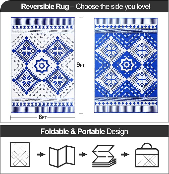 Waterproof Outdoor Rug 6x9ft, Boho Reversible Plastic Straw Mat for Patio RV Deck Porch Backyard Balcony Camping Picnic Beach Indoor Outdoor Carpet, Blue&White