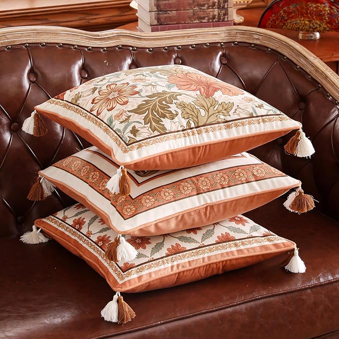 Throw Pillow Covers Pack of 4,Orange Floral Farmhouse with Wild Flowers Pattern Cozy Velvet Pillowcases,Decoration Square Lumbar Round Pillows Cushion Covers for Couch Bed Chair