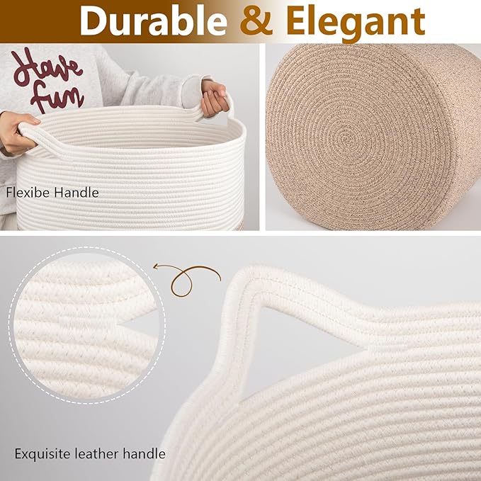 Laundry Basket, 100L Large Laundry Hamper, Tall Woven Rope Storage Basket for Blanket Toys Pillows Towels, Baby Nursery Hamper Bin for Living Room, Bedroom (Brown & White)