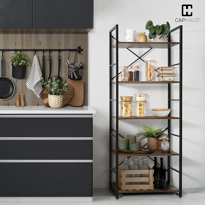 CAPHAUS 5 Tier Bookshelf, 24 Inch Width Free Standing Shelf, Bookcase Shelf Storage Organizer, Industrial Book Shelves for Home Office, Living Room, Kitchen, Rustic Oak