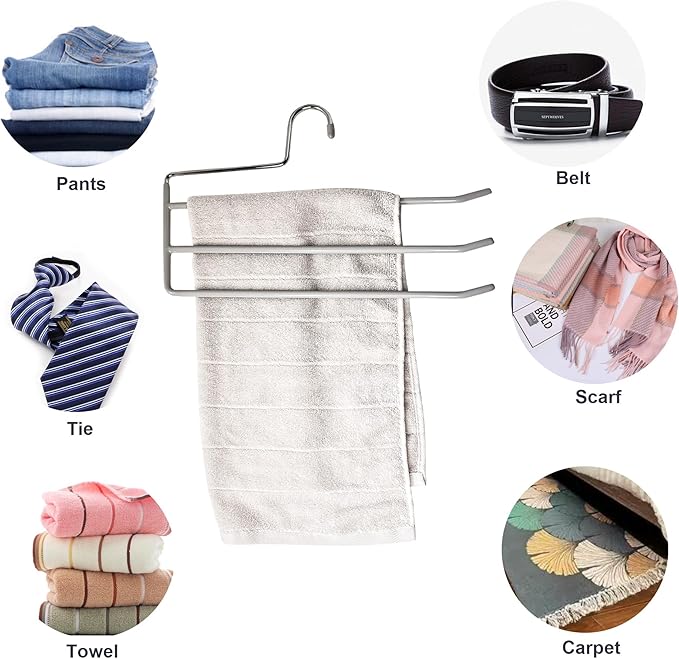 Pants Hangers 4 Pack, Multi Hangers for Pants and Jean 3 Tier Non Slip Metal Pants Hangers Space Saving, Clothes Closet Storage Organizer for Pants Jeans Skirts Tie Trousers Scarf